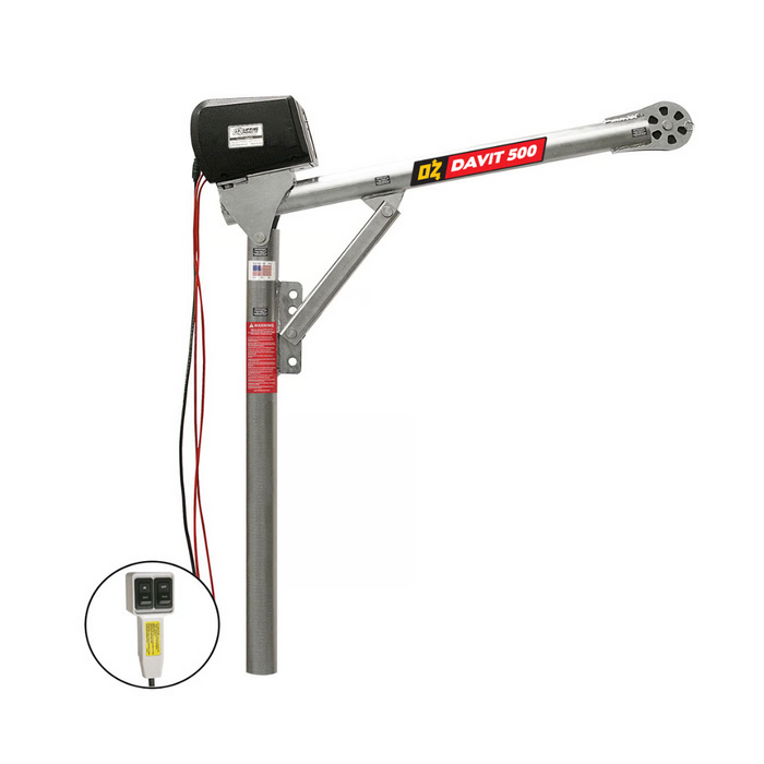 OZ Lifting Steel Davit Crane, 500lb capacity, with 12V DC electric winch
