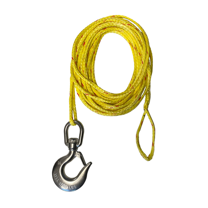 3/16" x 15' lift synthetic rope assembly with stainless steel swivel hook with latch